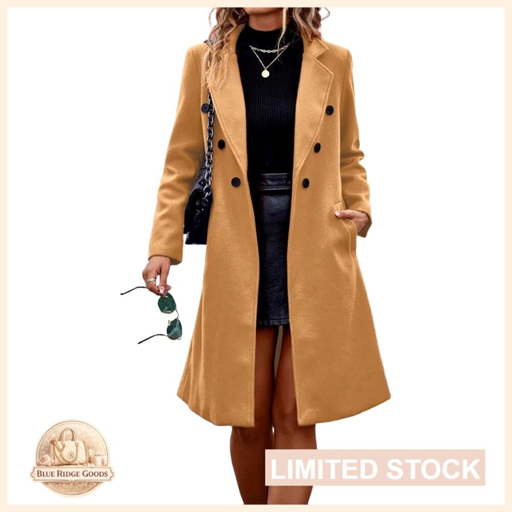Classic Double Breasted Wool Pea Coat Long Trench Coat Elegant Winter Outerwear